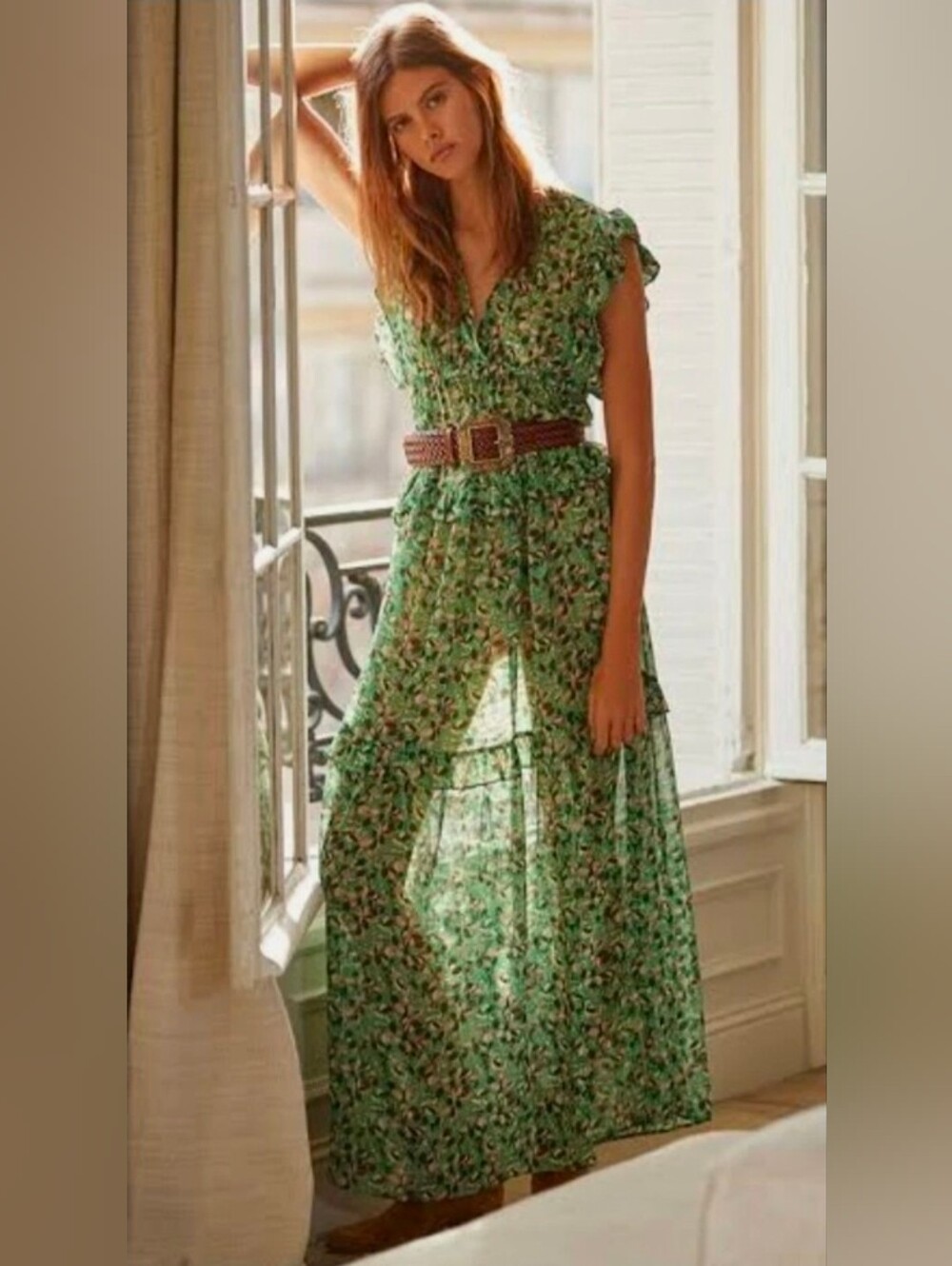 Ba&sh Samanta Boho Green Floral Sheer V-Neck Maxi Dress. No Lining.